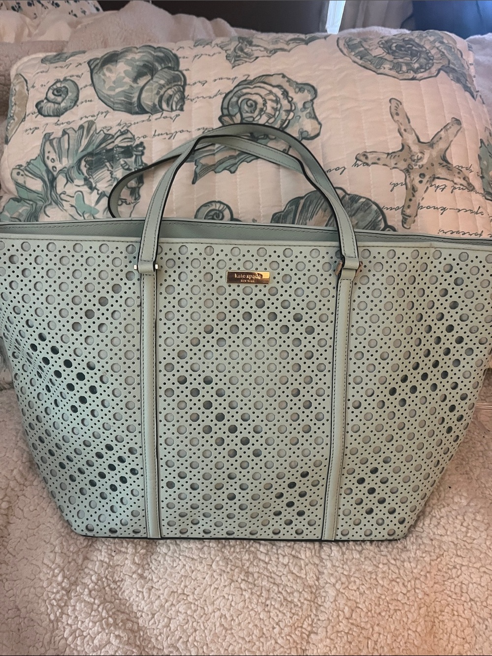 kate spade mint perforated tote with gold plaque